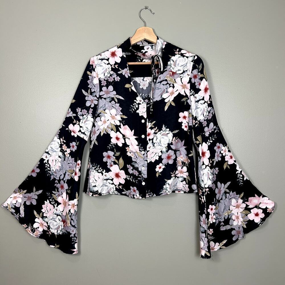 Some Days Lovin' Angel Sleeve Top Floral Button Down Blouse Boho Shirt size XS